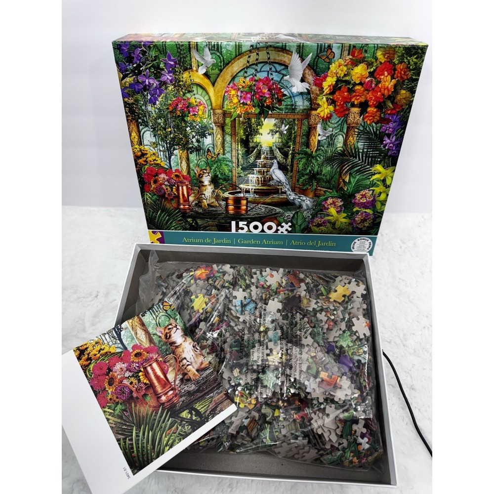 Garden Atrium 1500 Pc‎ Ceaco Puzzle Poster Included Flowers Kitty Cat Birds New